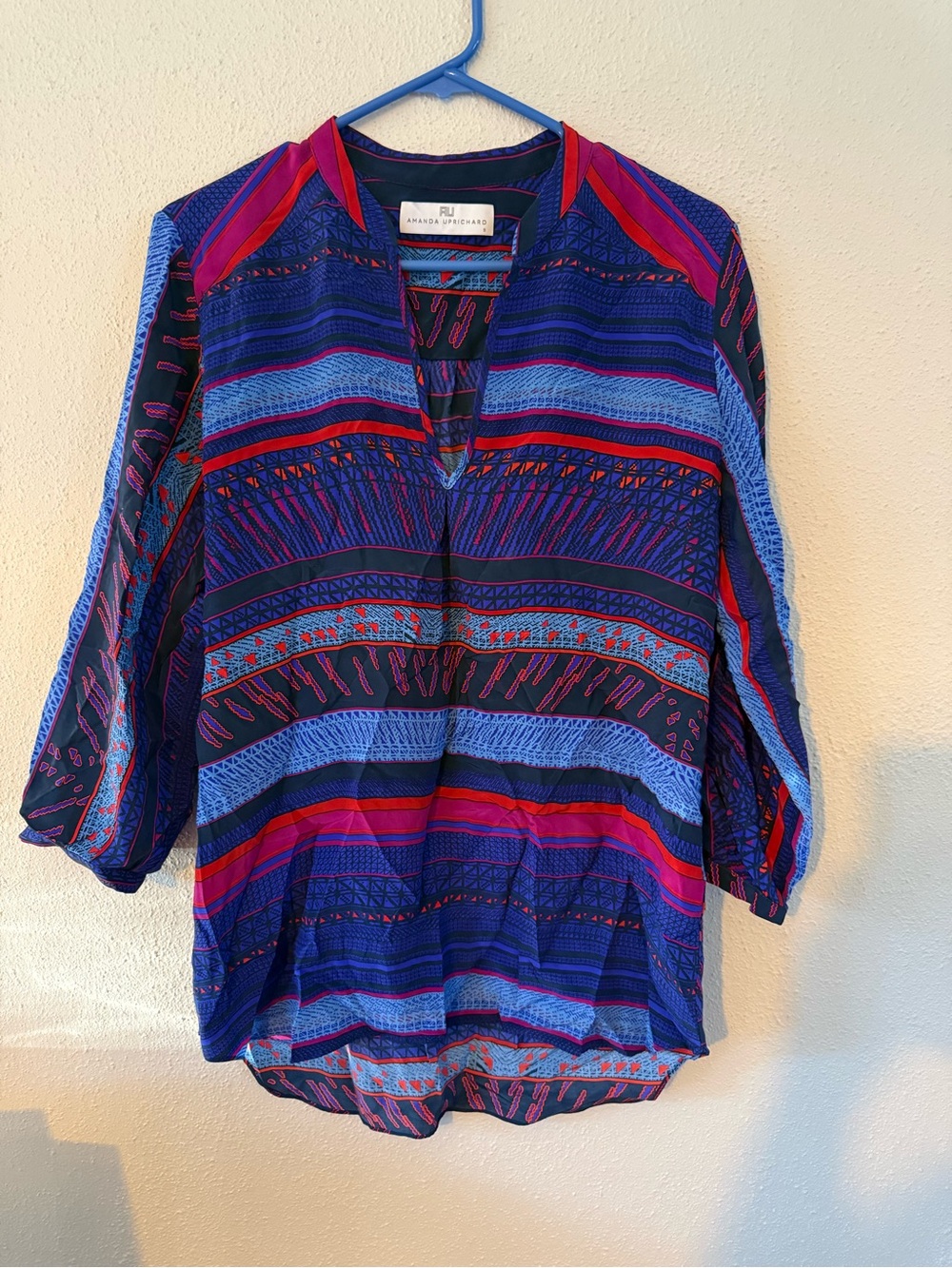 Amanda Uprichard Blue & Red Patterned V-Neck Tunic